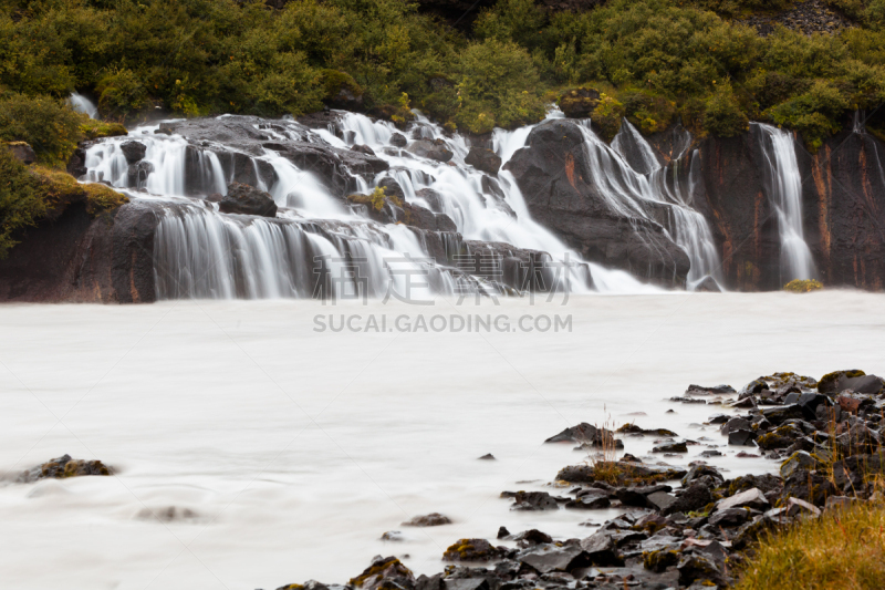 瀑布,Hraunfossar,冰岛国,水,水平画幅,火山地形,户外,石头,河流,流动