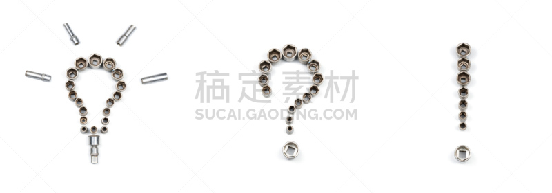 金属,平铺,灵感,标点符号,工具,问号,符号,电灯泡,多样,感叹号