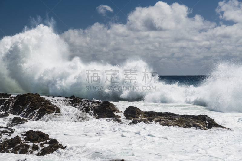 鲷鱼岩,波浪,在上面,水,水平画幅,蓝色,早晨,户外,海洋,海岸线