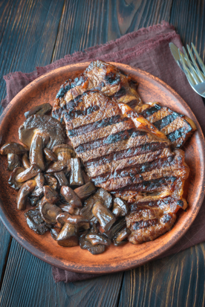 牛肝菌,牛排,格子烤肉,腰肉,暗色,清新,烤的,食品,半熟品,肉眼牛排