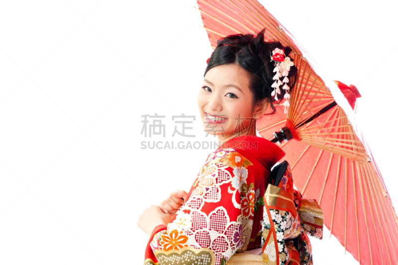 长袖和服,衣服,红色,亚洲,注视镜头,分离着色,女人,白色背景,簪子,美
