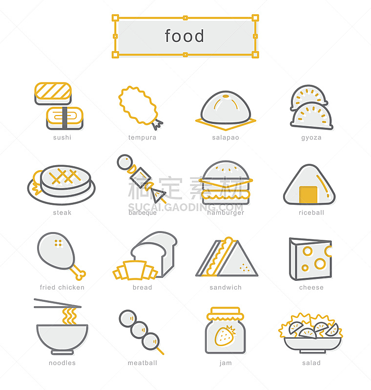 食品,符号,线条,细的,鸡肉汉堡,天麸罗,炸鸡,饺子,肉丸,牛排