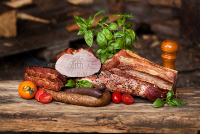 火腿,多样,冷,肉制品,食品加工厂,用栅木板阻断,椒类食物,开胃品,熏猪肉,白色