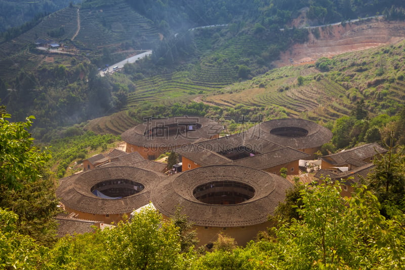 蒂卢,客家族,中国,高视角,永定,厦门,福建省,水平画幅,古老的,屋顶