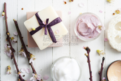梳妆用品,桃树,留白,彩妆,水平画幅,无人,spa美容,乡村风格,化妆用品,肥皂