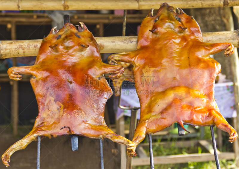 烤乳猪,格子烤肉,褐色,水平画幅,家猪,膳食,户外,肉,猪,餐馆