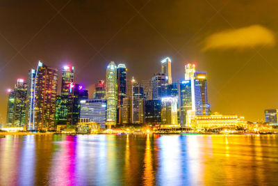 滨海湾 ,新加坡,都市风景,城市天际线,长时间曝光,天空,水平画幅,夜晚,无人,曙暮光