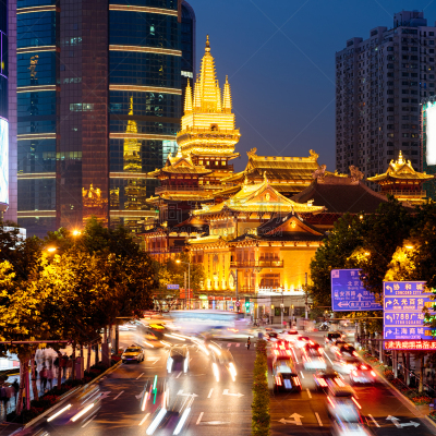 上海,寺庙,平衡折角灯,金色,南京路,夜晚,当地著名景点,交通,曙暮光,东亚