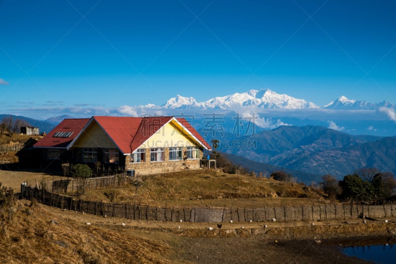 天空,干城章嘉峰,山,地形,蓝色,小屋,徒步旅行,白昼,水平画幅,谷仓