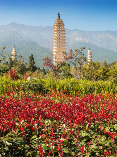 崇圣寺三塔,大理,中国,宝塔,云南省,垂直画幅,旅游目的地,地形,建筑,无人