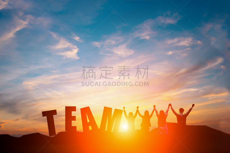 幸福,手,商务,天空,团队,体育团队,概念,剪影,日落