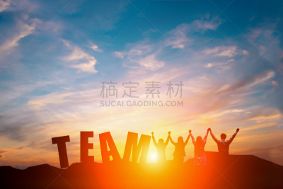 幸福,手,商务,天空,团队,体育团队,概念,剪影,日落