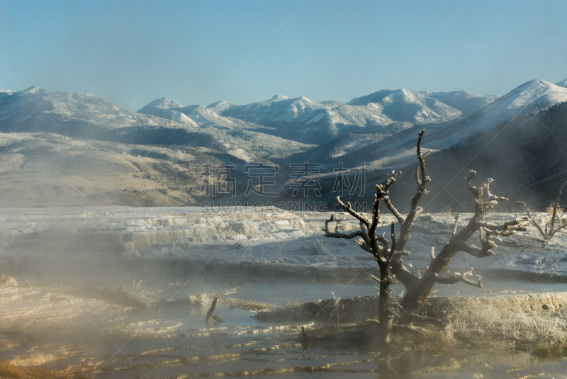 寂寞,猛犸温泉,硫磺,水,美国西部,水平画幅,雪,偏远的,户外,山