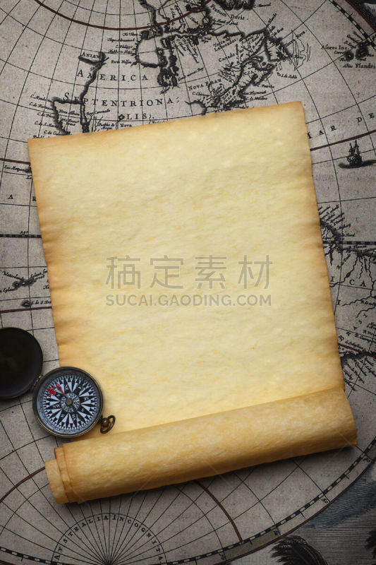 空白的,古典式,卷,罗盘,羊皮纸,在上面,垂直画幅,留白,古董,无人