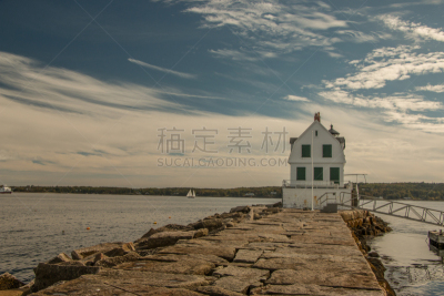 洛克兰,缅因州,灯塔楼,防波堤,自然现象,水平画幅,岩石,无人,人造,戏剧性的天空