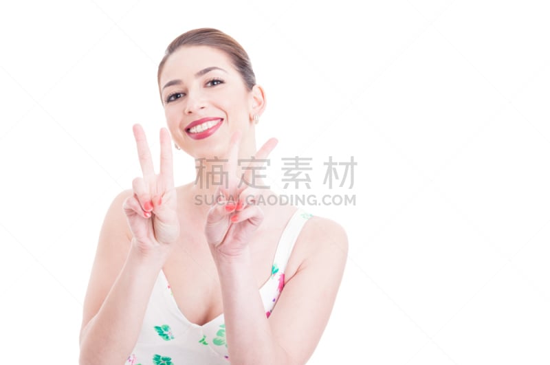 女人,v sign,可爱的,美,留白,水平画幅,美人,白人,仅成年人,工作室