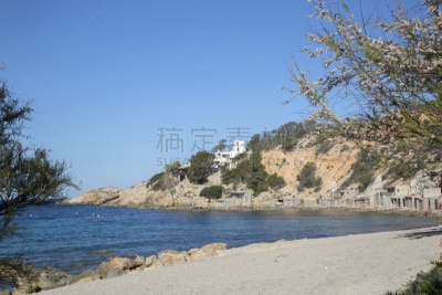 伊比沙岛,海滩,海湾,德霍特海湾,自然,悬崖,水平画幅,无人,欧洲,夏天