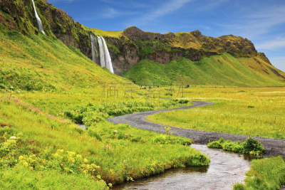 瀑布,田地,Seljalandsfoss Waterfall,鱼眼镜头,水,天空,水平画幅,无人,夏天,户外