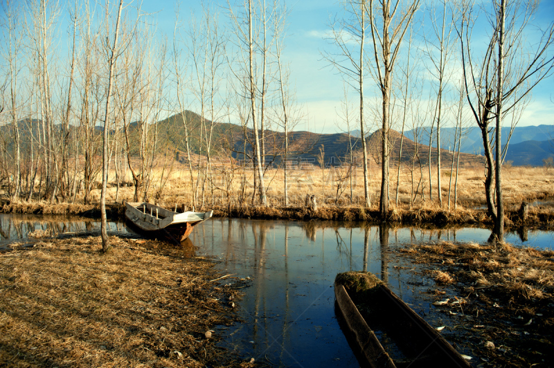 泸沽湖,冬天,风景,云南省,天空,干草,水平画幅,地形,无人