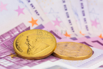 黄金,概念,南非克鲁格金币,欧元符号,储蓄,水平画幅,特写,商业金融和工业,数字1,大特写