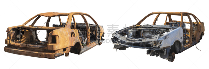 汽车,烧毁的,正面视角,水平画幅,无人,全景,古老的,陆用车,损坏的,生锈的