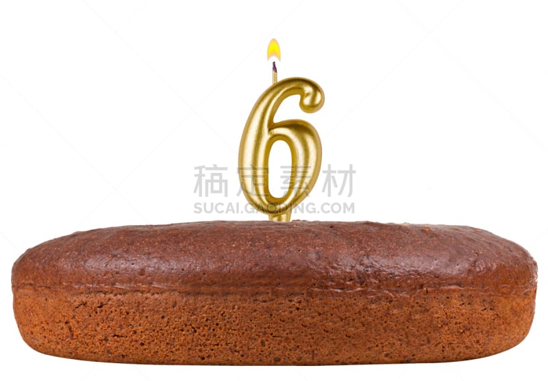 数字6,生日蛋糕,蜡烛,白色背景,分离着色,大约6世纪,生日蜡烛,水平画幅,蛋糕,生日