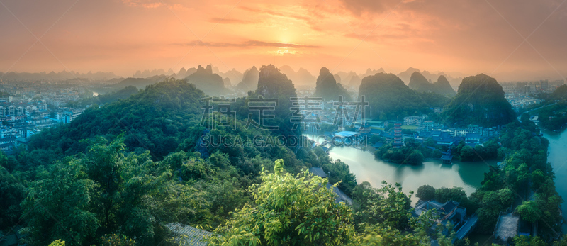漓江,山,桂林,喀斯特,阳朔,人类居住地,公园,河流,户外,草地
