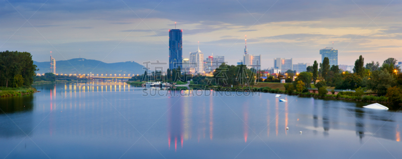 维也纳,多瑙河,水,天空,新的,夜晚,曙暮光,夏天,都市风景,现代