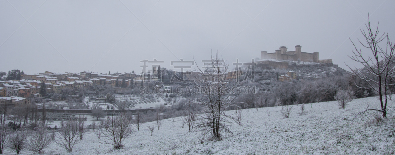 雪,斯波列托,在下面,水平画幅,山,无人,户外,要塞,建筑业