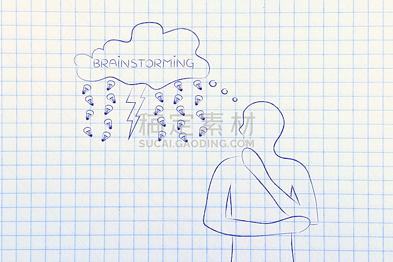 思想气泡框,想法,男人,倾盆大雨,主动,节能灯泡,脑风暴,暴风雨,灵感,水平画幅