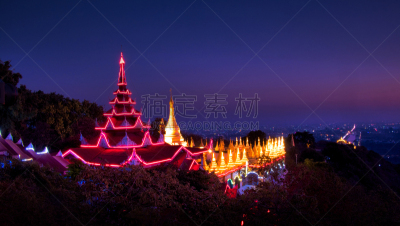 曼德勒,缅甸,山,夜视,实皆省,内华达州,佛塔,地平面,天空,古老的