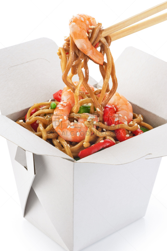 中国食品,虾,面条,分离着色,白色背景,中式外卖,炒菜锅,泰国人,餐具,垂直画幅