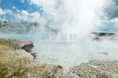 大棱镜泉,黄石公园,水,天空,美国西部,水平画幅,无人,怀俄明,火山地形,聚胞藻属