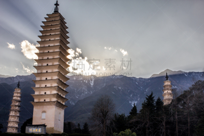 崇圣寺三塔,云南省,水平画幅,佛教,无人,亚洲,著名景点,2015年,日落,摄影