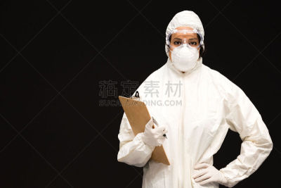 注视镜头,医生,清洁服,丝状病毒,埃博拉病毒,两手叉腰,密封的,乳胶,外科手套,艾滋病病毒