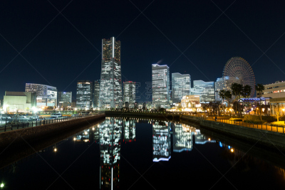 横滨,城市,夜晚,横滨地标大厦,摩天轮,水,水平画幅,无人,户外,滨水
