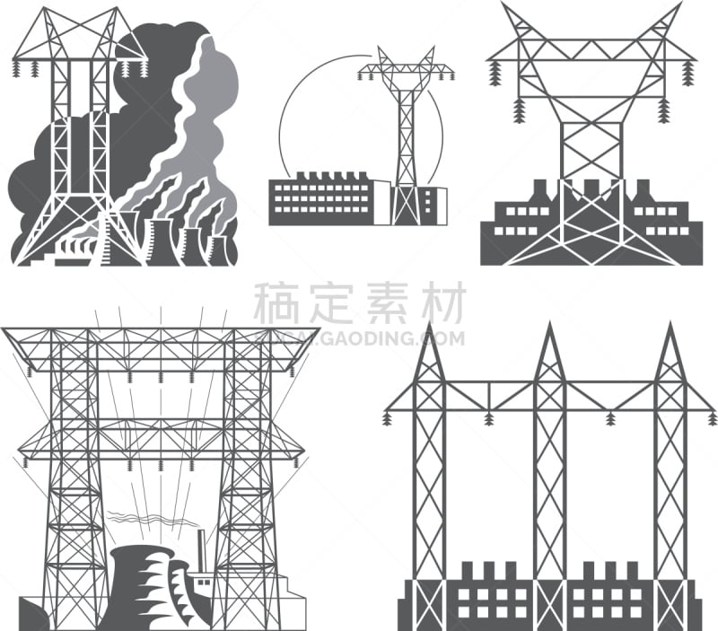 电力线,电缆,变压器,能源,无人,绘画插图,炭黑,工厂,铁,金属
