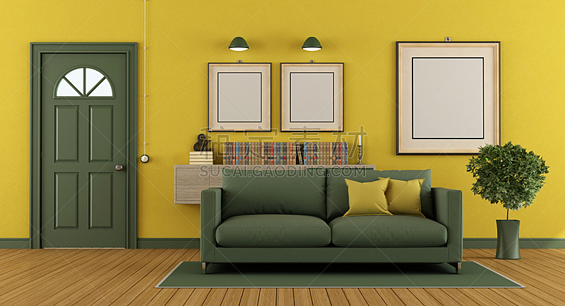 建筑物门,绿色,住宅内部,黄色,餐具柜,起居室,软垫,留白,水平画幅,墙