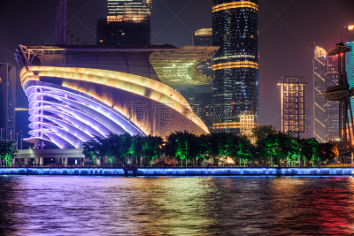 夜晚,现代,广州,建筑外部,宏伟,水,天空,新的,水平画幅,无人