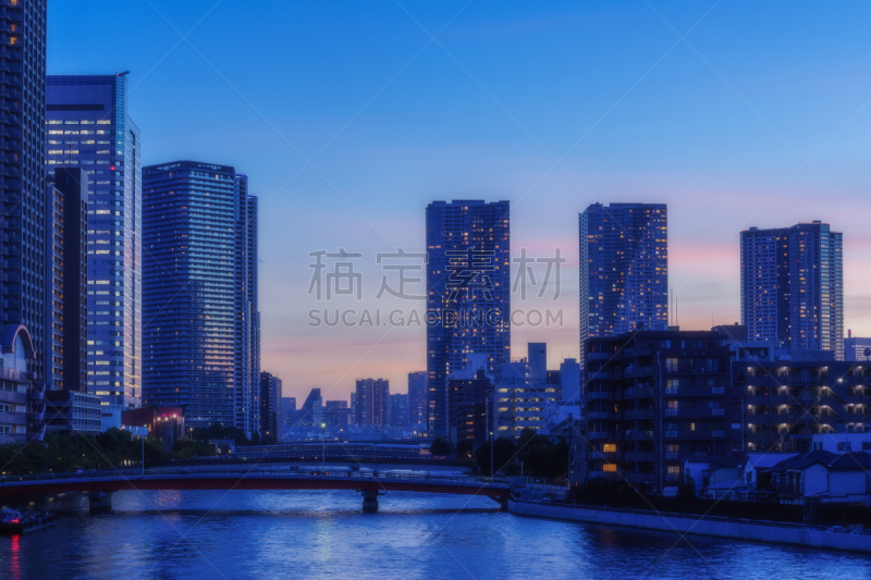 黄昏,东京湾,居住区,天空,水平画幅,运河,夏天,户外,都市风景,中央区