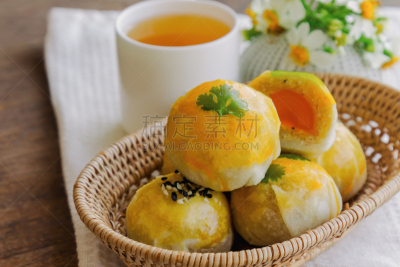 绿豆,月饼,自制的,面包店,篮子,侧面视角,茶,留白,木制,特写