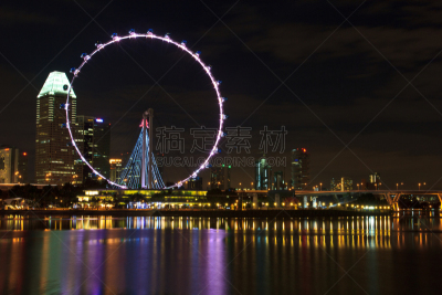 滨海湾 ,新加坡市,摩天轮,滨海广场,新加坡摩天观景轮,滨海湾金沙酒店,游乐园,水平画幅,新加坡,夜晚