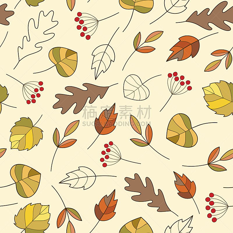 卡通,秋天,四方连续纹样,叶子,时尚,可爱的,多色的,纺织品,绘画插图,古典式