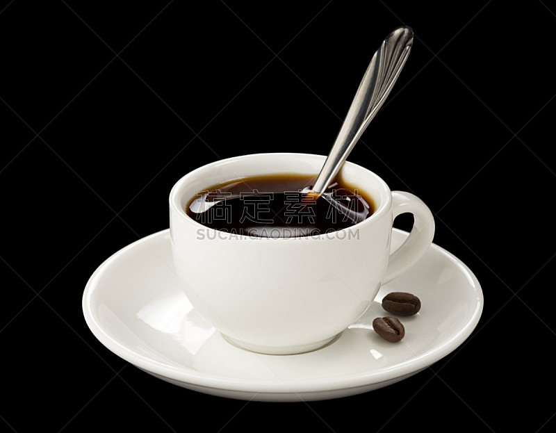 咖啡杯,黑色背景,分离着色,烤咖啡豆,水平画幅,咖啡,无人,背景分离,饮料,黑色