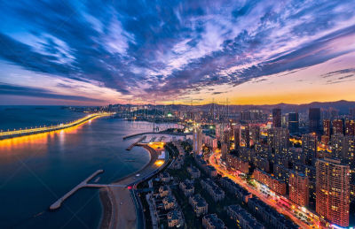 都市风景,海滩,鸟类,大连,海边高地,琴码,水平画幅,夜晚,无人,建筑外部