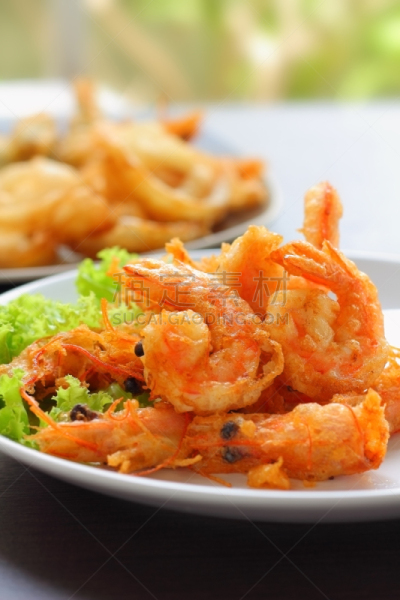 天麸罗,面粉,明虾,垂直画幅,无人,开胃品,膳食,海产,小吃,莴苣