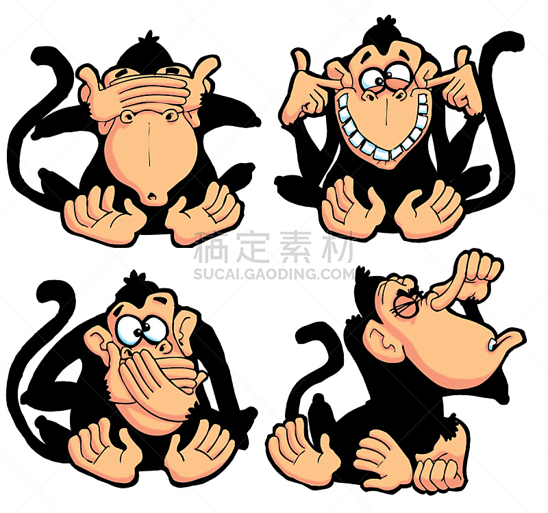 猴子,智慧,非礼勿说,幸福,水平画幅,快乐,卡通,幽默,看,动物