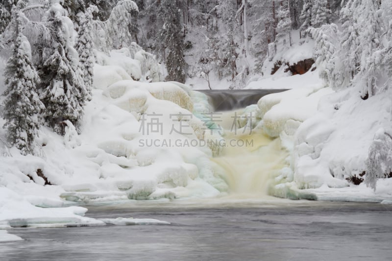 拉普兰,冬天,地形,库拉莫,水,水平画幅,雪,瀑布,户外,白色