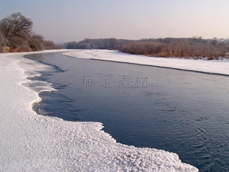 乌苏里江,早晨,俄罗斯,冬天,河流,水,水平画幅,雪,无人,户外