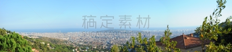 巴塞罗那,天空,外立面,水平画幅,无人,阳台,蓝色,全景,古老的,城市